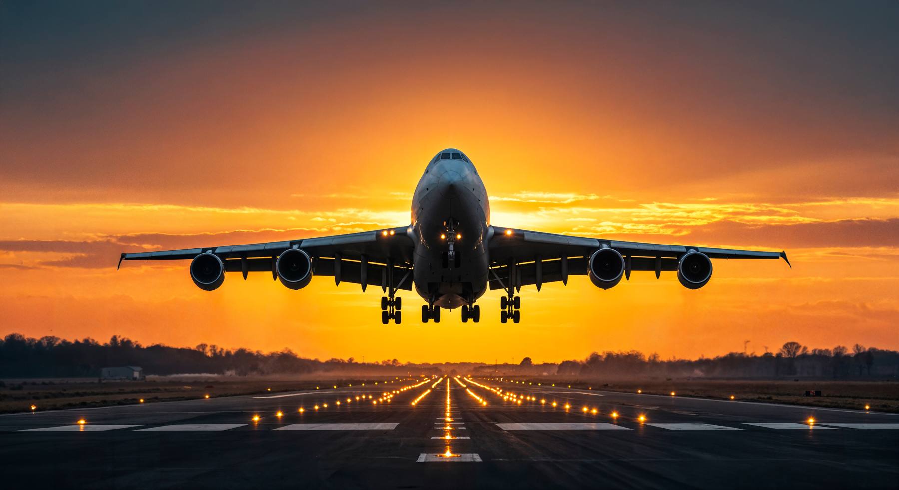 Aircraft departing at sunset